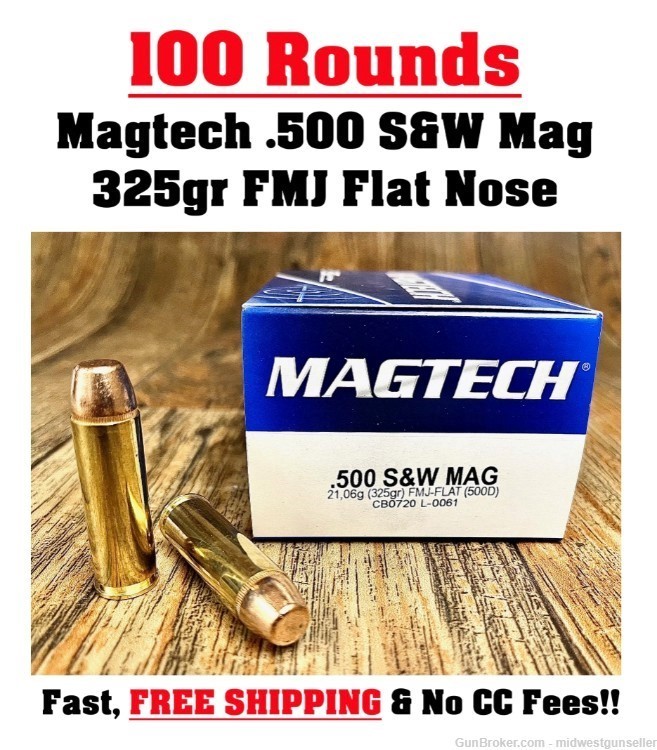 100 Rounds MagTech .500 S&W Magnum Mag 325gr FMJ Flat Nose Target Ammo-img-0