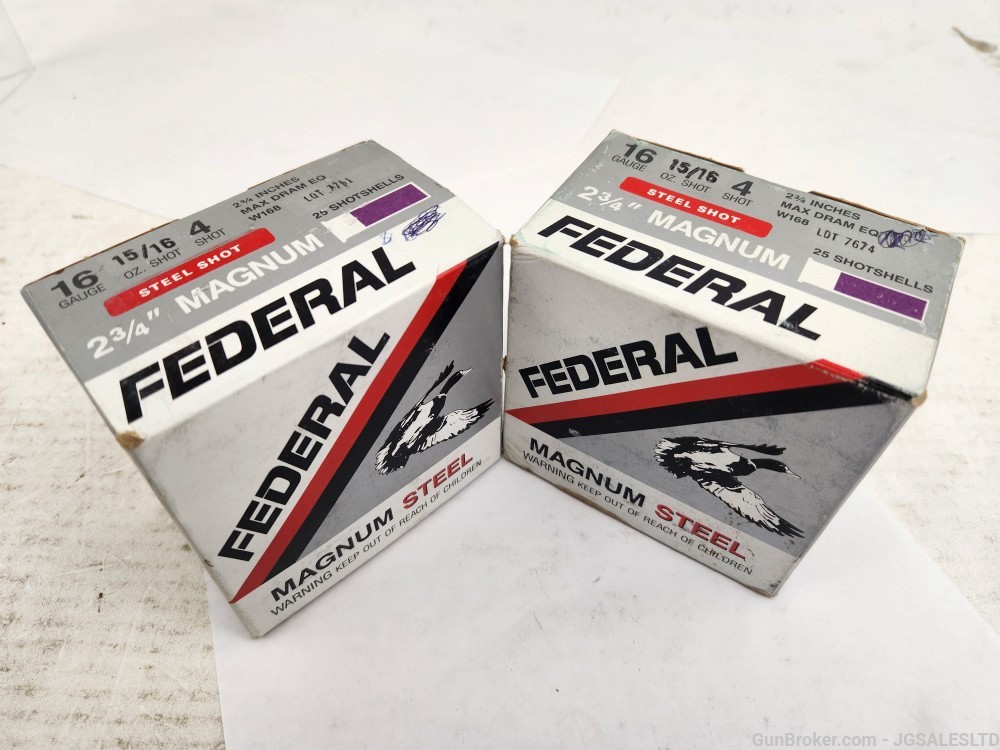 16 ga Federal 2.75", 15/16oz, 4 shot magnum steel 2 boxes 25rds each (1)-img-0