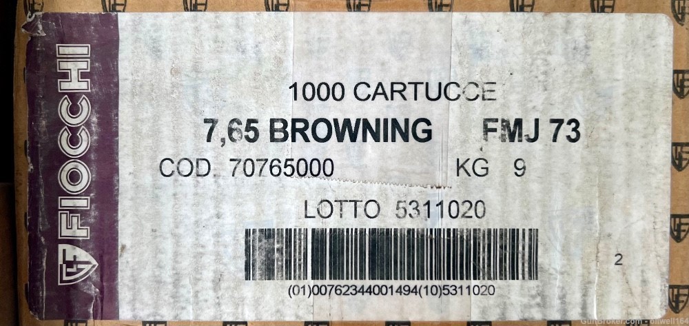 Fiocchi 7.65 Browning (32 auto) 1000 rounds-img-0
