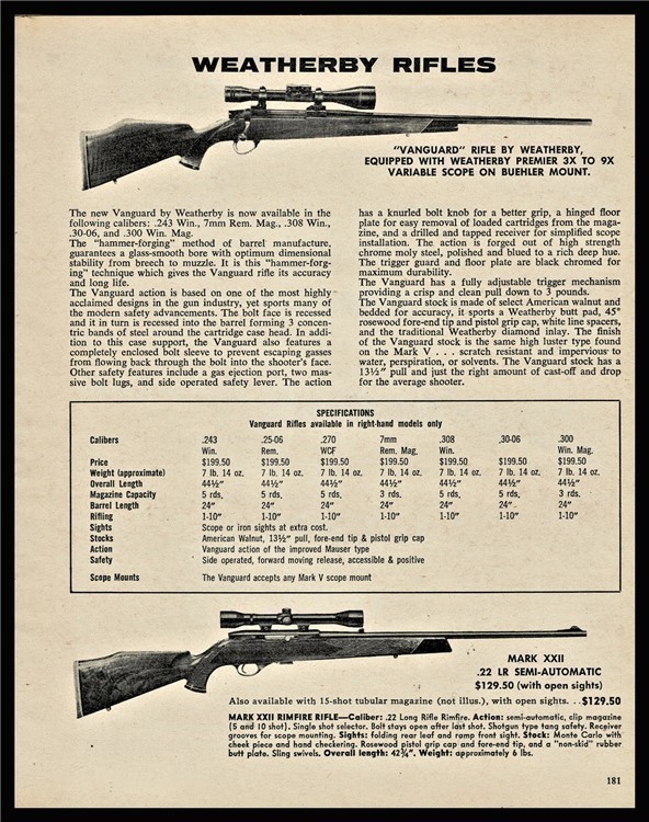 1974 WEATHERBY Vanguard Rifle shown w/ Premier Scope PRINT AD-img-0
