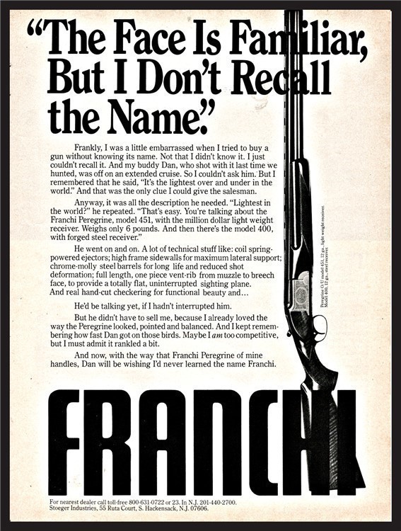 1975 FRANCHI Peregrine Model 451 Over Under Shotgun PRINT AD-img-0