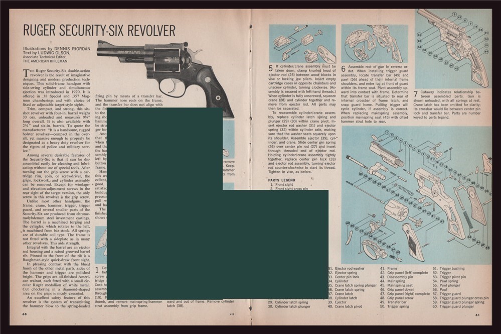 1972 RUGER Security Six Revolver Exploded View Parts list Assembly Article-img-0