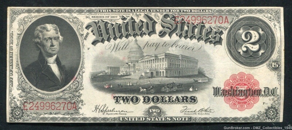 WW1 WWI 1917 US $2 Bill Note Money Currency w/ Thomas Jefferson-img-0