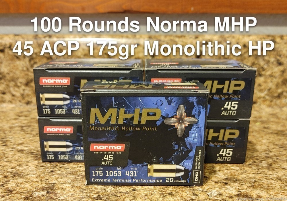 100 Rounds Norma 45 ACP 175gr Monolithic Hollow Point Ammunition-img-0