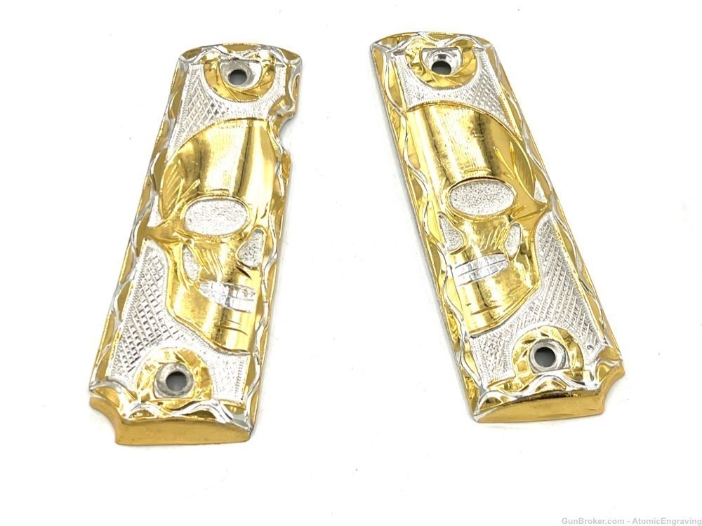 Colt 1911 METAL GRIPS  Full Size Government Gold Plated Skull -img-0