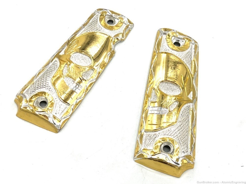 Colt 1911 METAL GRIPS  Full Size Government Gold Plated Skull -img-2