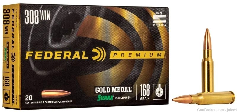 Federal Premium Gold Medal Sierra MatchKing .308Win 168Gr Ammo - 100 Rounds-img-0