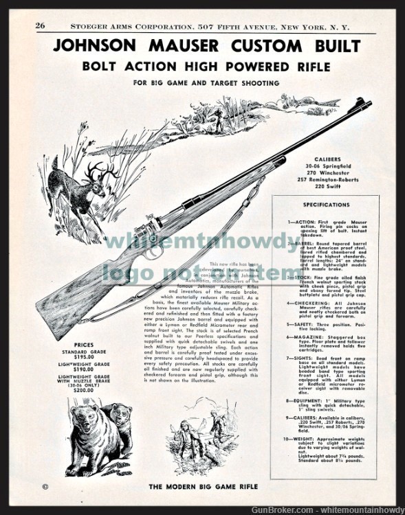 1950 JOHNSON MAUSER Bolt-Action Rifle Hunting Original PRINT AD-img-0
