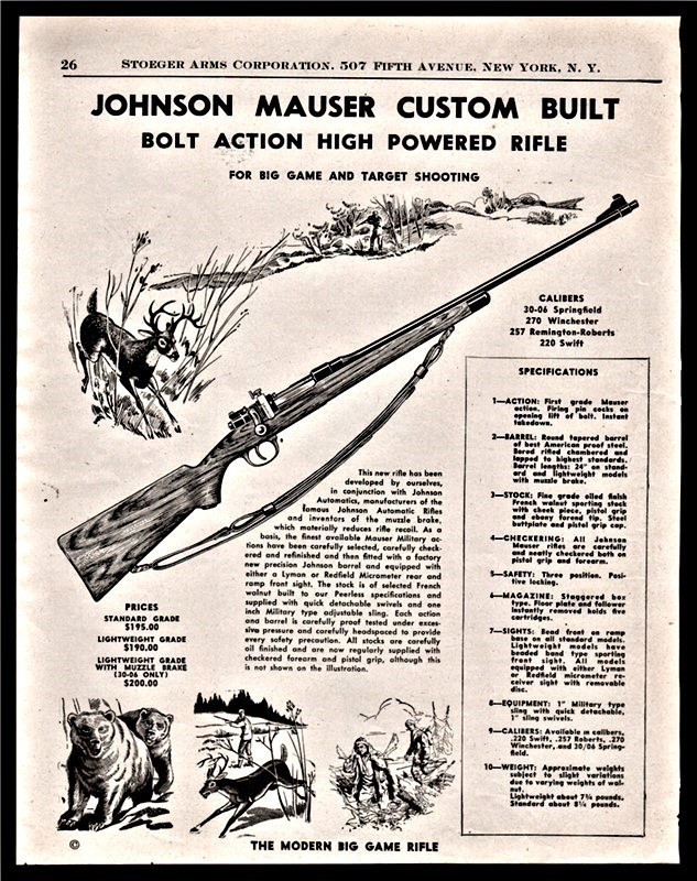 1949 JOHNSON MAUSER Bolt-Action Rifle PRINT AD-img-0