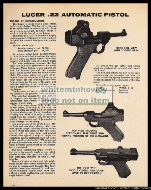 1977 LUGER .22 Automatic Pistol PRINT AD shown w/ 3 views-img-0