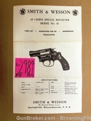 Orig S&W Model 36 Owners Instruction Manual 1973-img-0