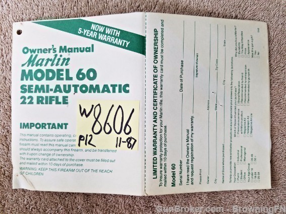 Orig Marlin Model 60 Owners Instruction Manual 11-87-img-0