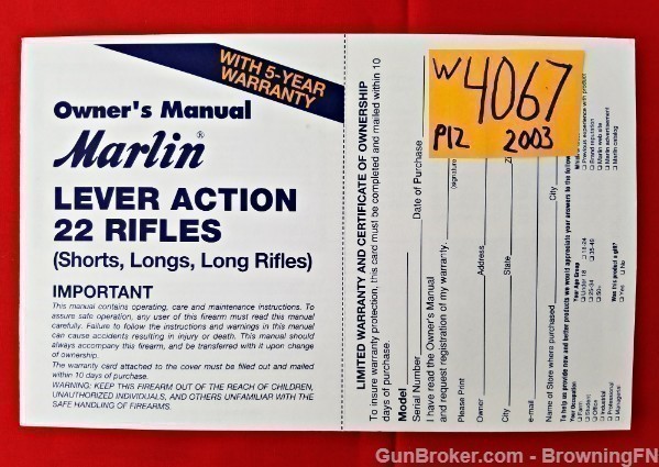 Orig Marlin Lever Action .22s Owners Instruction Manual 2003-img-0