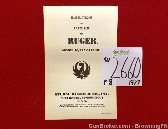 Orig Ruger Model 10/22 Carbine Owners Instruction Manual 1977-img-0