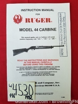 Orig Ruger Model 44 Carbine Owners Manual 1982-img-0