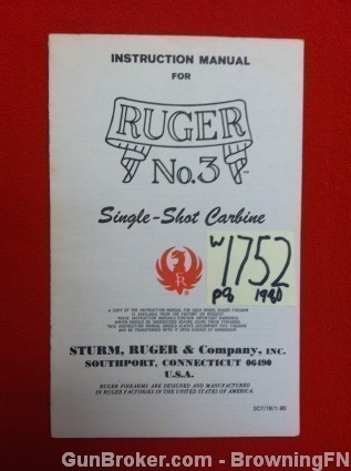 Orig Ruger No. 3 Single-Shot Owners Instruction Manual 1980-img-0