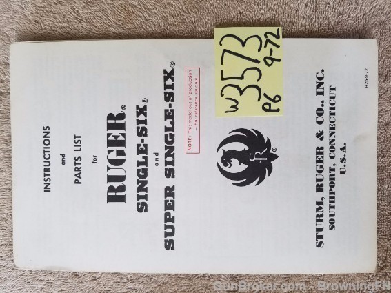 Orig Ruger Single-Six Owners Instruction Manual 09/72-img-0