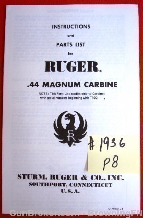 Orig Ruger Owners Instruction Manual Model .44 Magnum Carbine-img-0