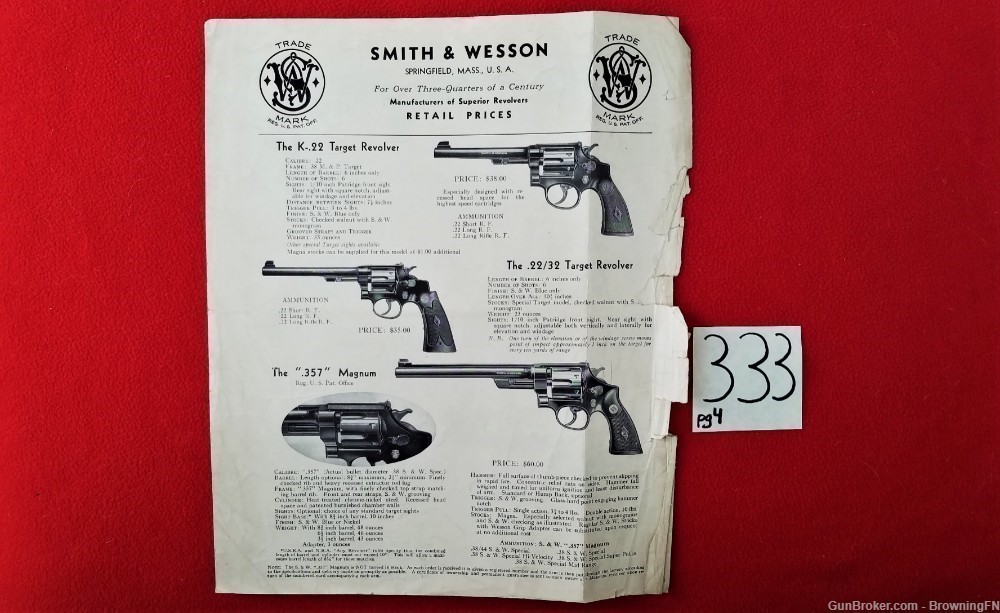 Original S&W Smith & Wesson Retail Price List 1930s-img-0