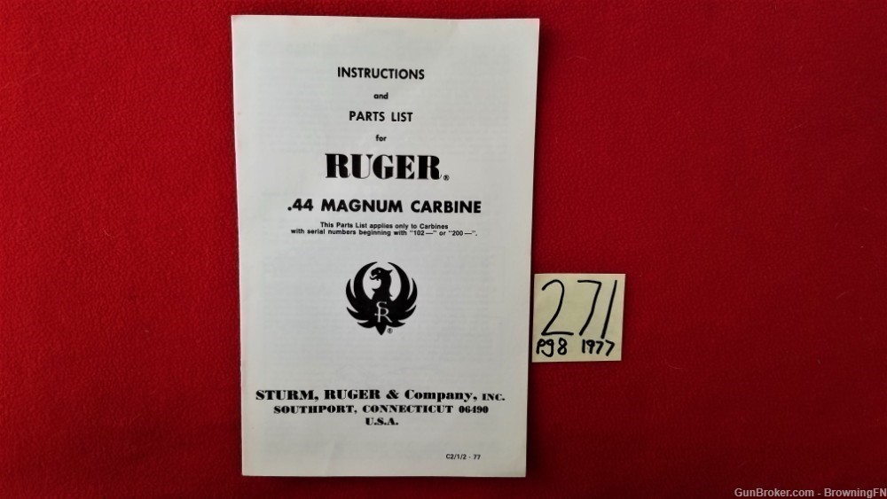 Original Ruger .44 Magnum Carbine Owners Instruction Manual 1977-img-0