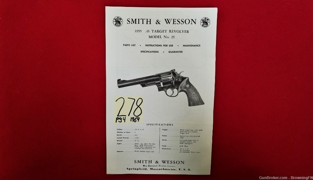 Original S&W Smith & Wesson Model 25 Owners Instruction Manual 1969-img-0