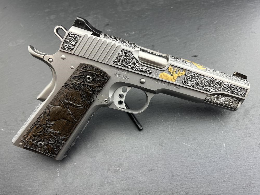Kimber 1911 Engraved Gold Plated Master Scroll Whitetail Custom by Altamont-img-1