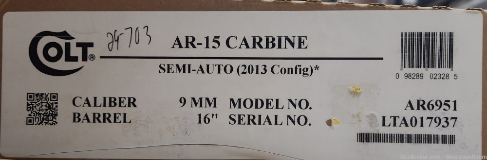 Colt AR6951 9mm 16" barrel NIB -img-3