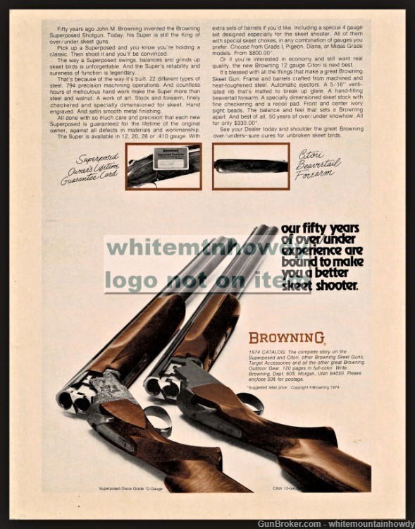 1974 BROWNING Superposed Diana Grade, Citori Shotgun PRINT AD-img-0