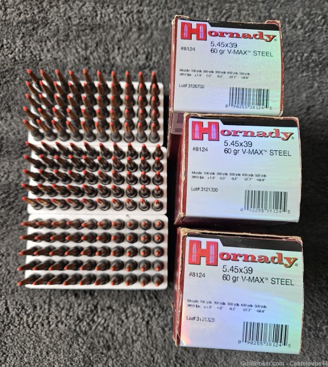 150 ROUNDS HORNADY V-MAX 5.45X39 HP RED TIP AK-74 RPK AIMS-74 ARSENAL SLR -img-0