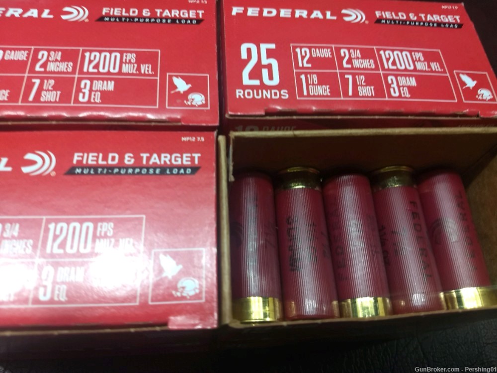 "REDUCED" Federal Field and Target 12GA 2 3/4 7 1/2 Shot 4 Boxes = 100 Rds-img-0