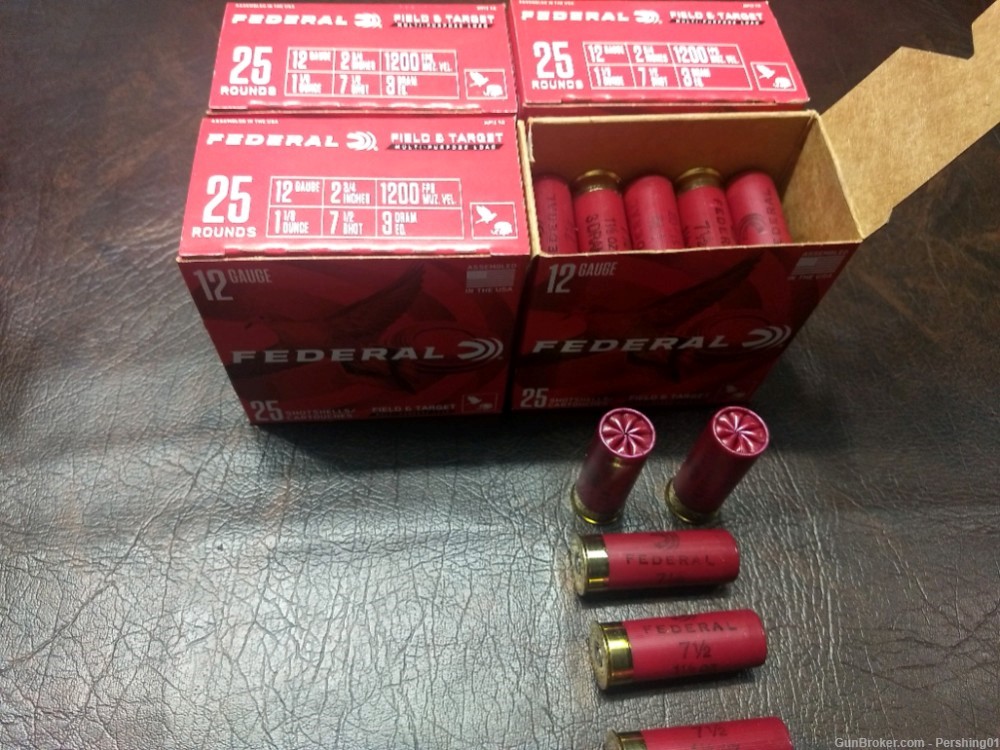 "REDUCED" Federal Field and Target 12GA 2 3/4 7 1/2 Shot 4 Boxes = 100 Rds-img-1