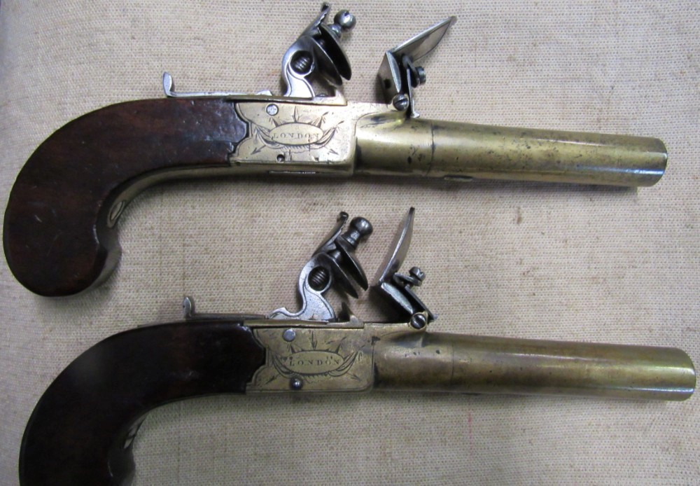 Cased Set of Twigg English Boxlock Brass Flint Muff Pistols ca. 1820-img-5