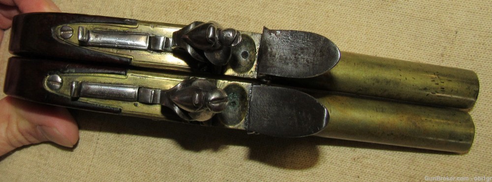 Cased Set of Twigg English Boxlock Brass Flint Muff Pistols ca. 1820-img-7