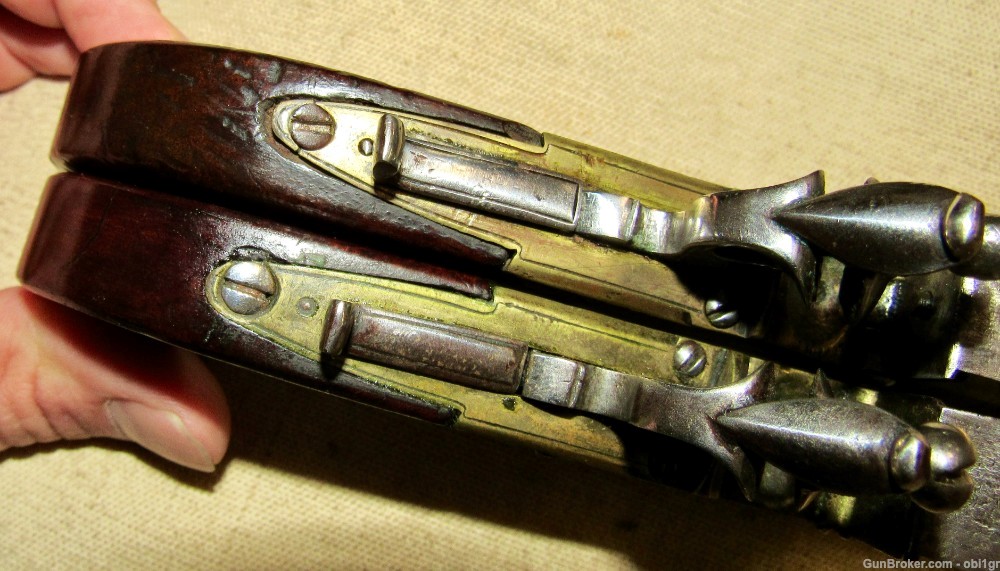 Cased Set of Twigg English Boxlock Brass Flint Muff Pistols ca. 1820-img-8