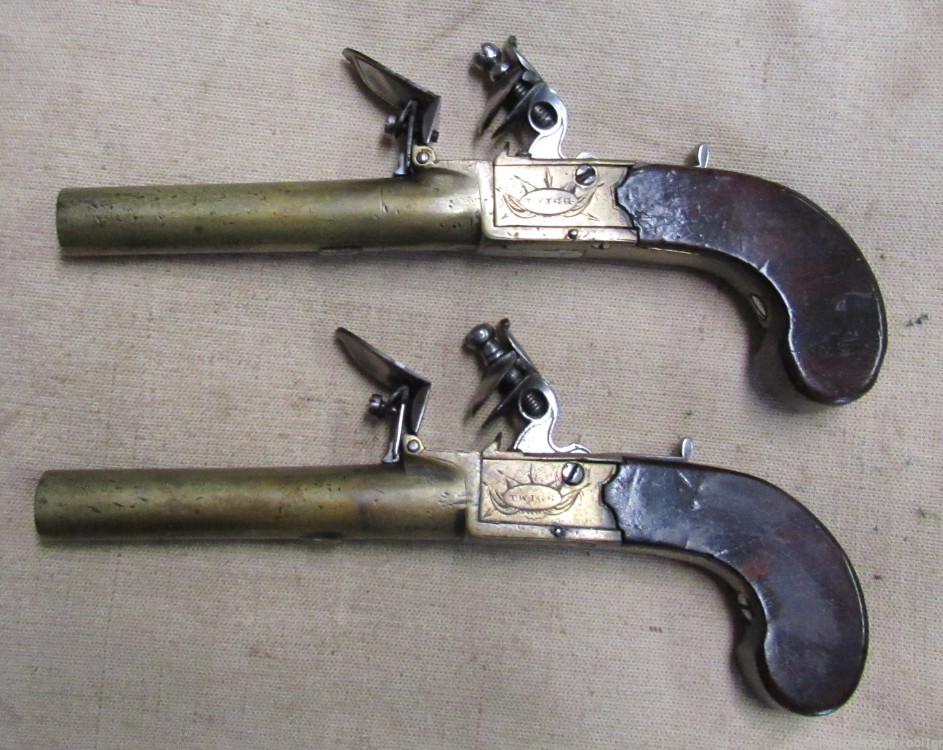 Cased Set of Twigg English Boxlock Brass Flint Muff Pistols ca. 1820-img-11