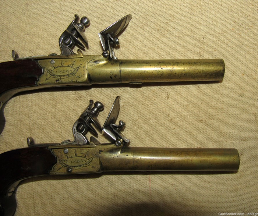 Cased Set of Twigg English Boxlock Brass Flint Muff Pistols ca. 1820-img-6