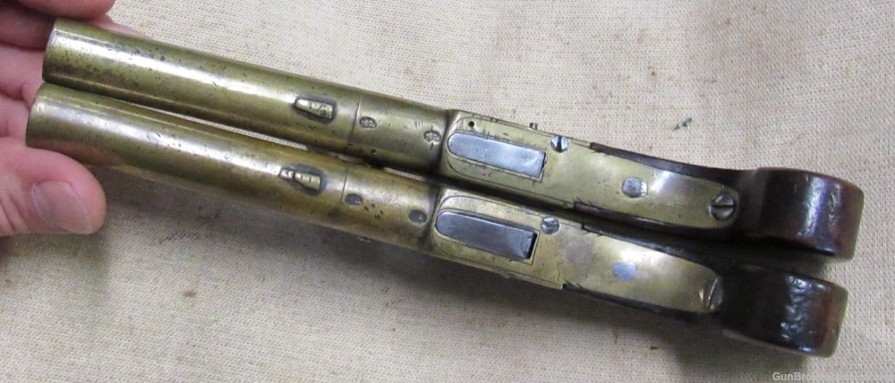 Cased Set of Twigg English Boxlock Brass Flint Muff Pistols ca. 1820-img-17