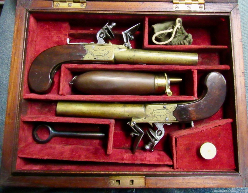 Cased Set of Twigg English Boxlock Brass Flint Muff Pistols ca. 1820-img-1