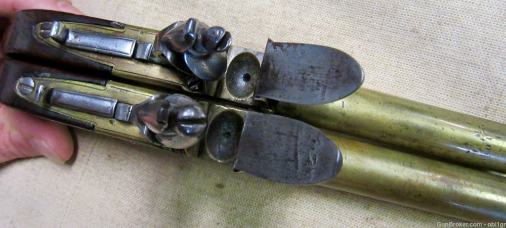 Cased Set of Twigg English Boxlock Brass Flint Muff Pistols ca. 1820-img-9