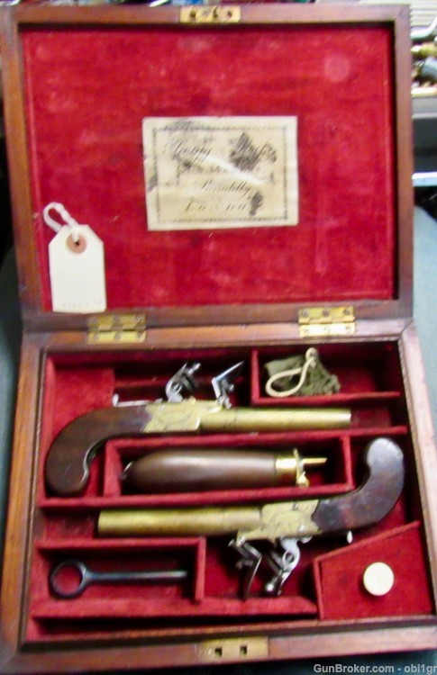 Cased Set of Twigg English Boxlock Brass Flint Muff Pistols ca. 1820-img-0