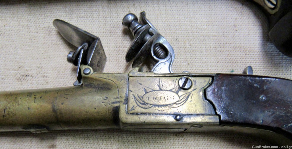 Cased Set of Twigg English Boxlock Brass Flint Muff Pistols ca. 1820-img-15