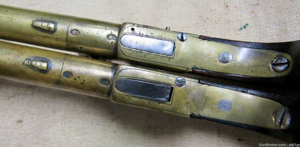 Cased Set of Twigg English Boxlock Brass Flint Muff Pistols ca. 1820-img-19