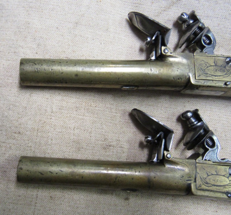 Cased Set of Twigg English Boxlock Brass Flint Muff Pistols ca. 1820-img-16
