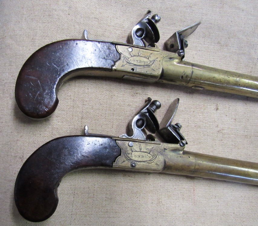 Cased Set of Twigg English Boxlock Brass Flint Muff Pistols ca. 1820-img-4