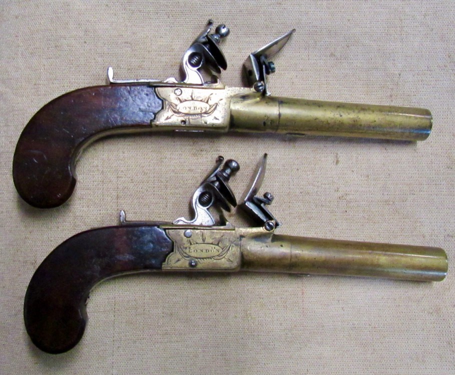 Cased Set of Twigg English Boxlock Brass Flint Muff Pistols ca. 1820-img-3