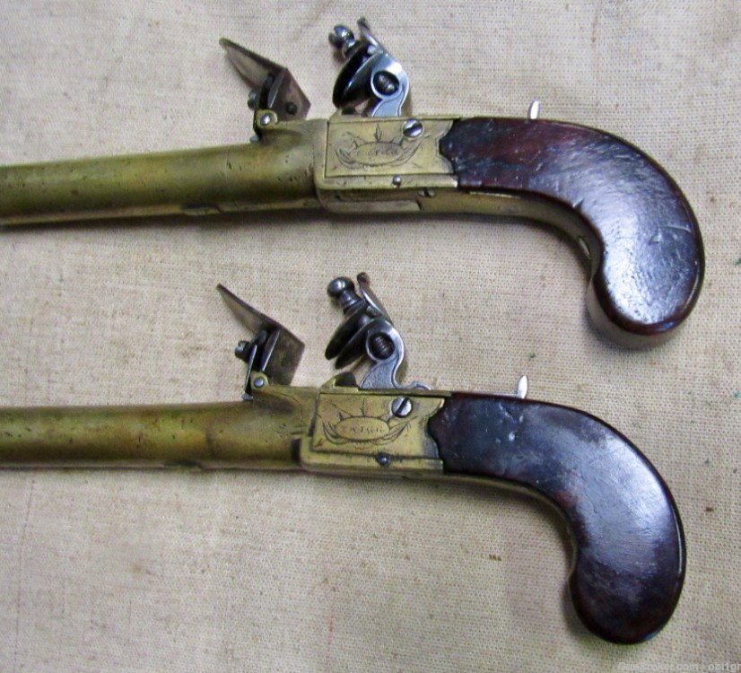 Cased Set of Twigg English Boxlock Brass Flint Muff Pistols ca. 1820-img-12