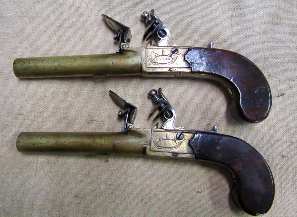 Cased Set of Twigg English Boxlock Brass Flint Muff Pistols ca. 1820-img-13