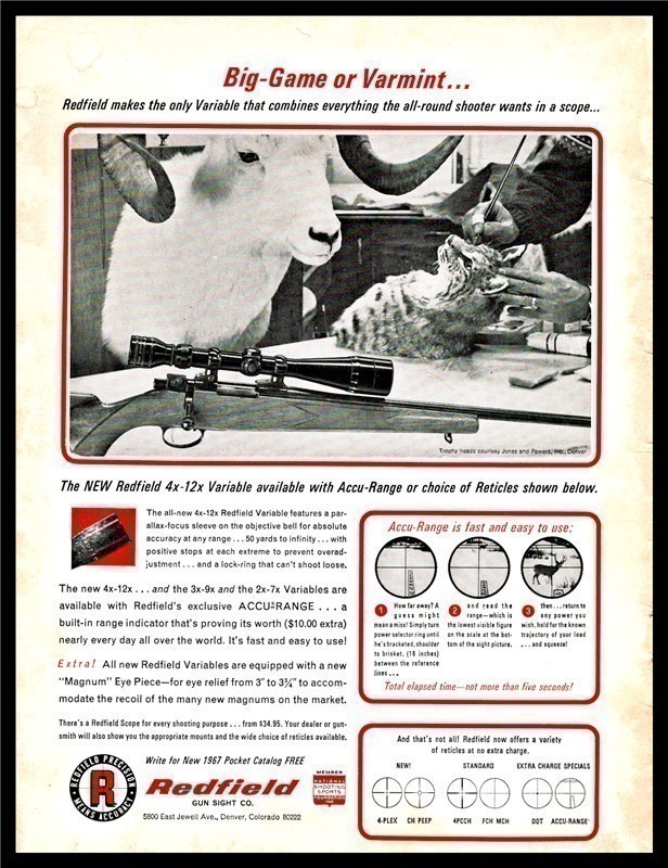 1967 REDFIELD Rifle Scope Vintage PRINT AD w/ Big Horn-img-0