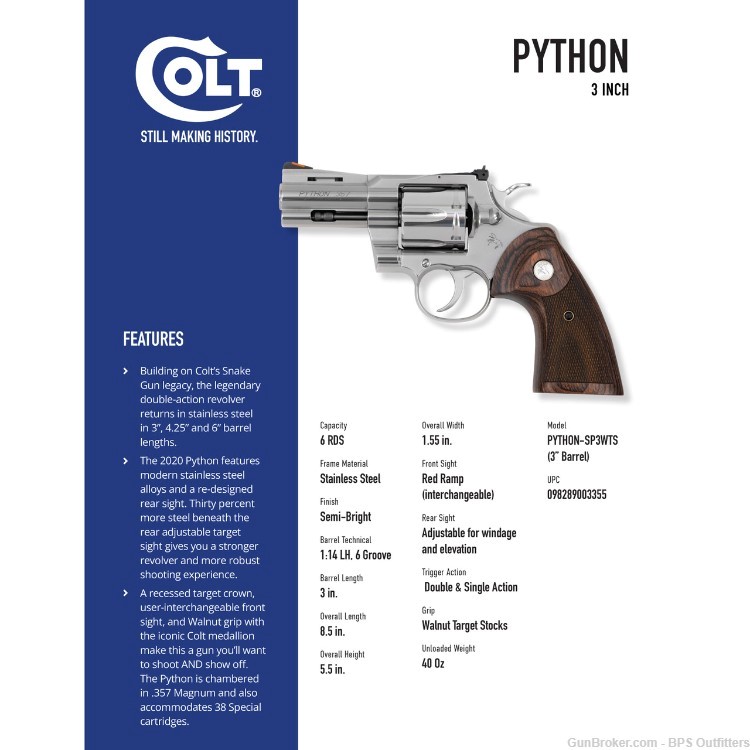 Colt Python .357 Mag Revolver 3" Walnut Target Grips - New Old Stock-img-6