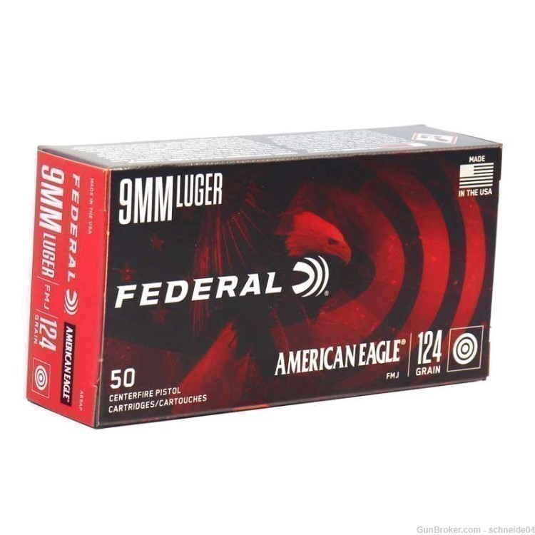Federal American Eagle 9mm Luger Ammo 124 Grain FMJ 1000 Rounds-img-0